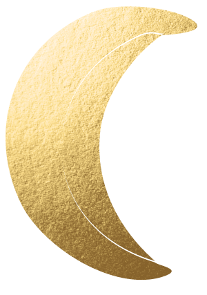 A textured, golden crescent moon on a white background.