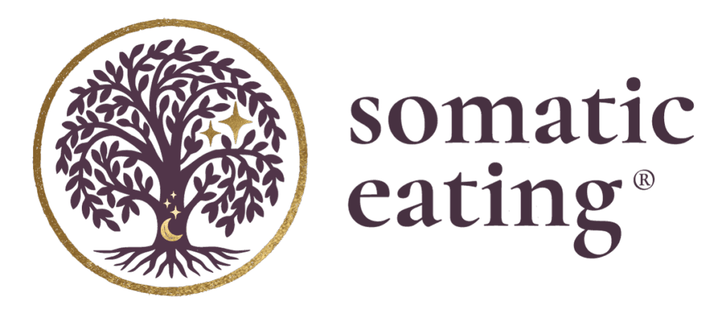 A logo with a purple tree inside a gold circle, featuring gold stars and a crescent moon. To the right, elegant purple text reads “Somatic Eating®,” reflecting the harmonious essence of Somatic Eating in both design and message.