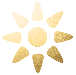 A simple gold sun icon with a textured finish, featuring a central circle and eight evenly spaced triangular rays on a white background.