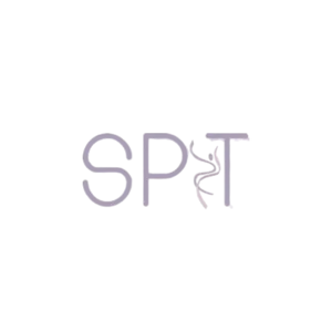 The image shows the letters “SPT” in a thin, light purple font. The letter “T” features a stylized figure of a person integrated into its vertical line. The background is light gray.