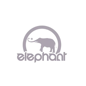 A gray silhouette of an elephant stands inside a partial circle above the word “elephant” in stylized text; a small star appears near the elephant’s trunk.