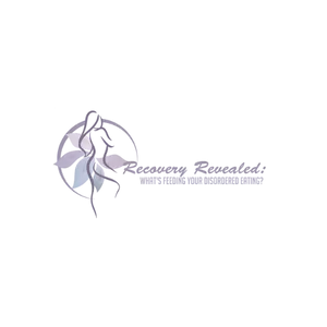 Logo with an abstract outline of a woman and leaves behind her. The text reads, “Recovery Revealed: What’s Fueling Your Disordered Eating?” in purple and gray tones.
