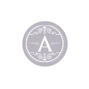 A gray circular emblem with decorative white patterns and a large, capital letter “A” in the center.