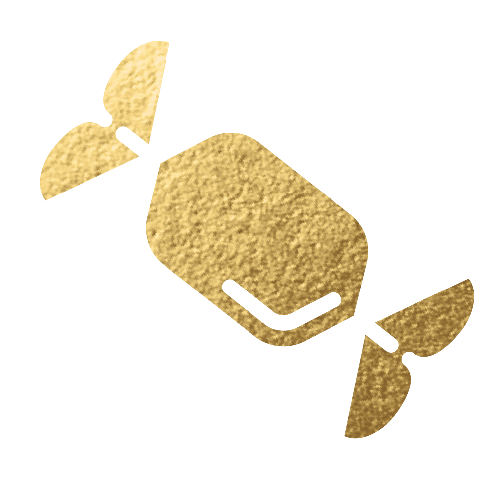 Gold textured silhouette of a wrapped candy with two twisted ends, set against a plain white background.