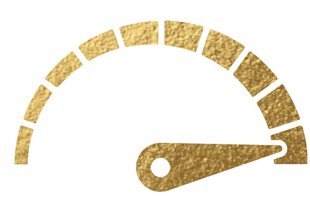 A gold textured semicircular gauge with a needle pointing to the far right, indicating a high or maximum level.