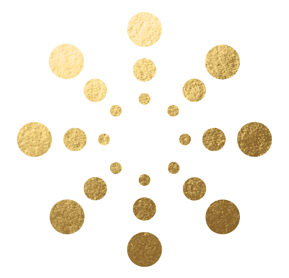 Gold circles of varying sizes arranged in a symmetrical, starburst pattern on a white background, with a metallic texture giving the design a shiny, elegant look.