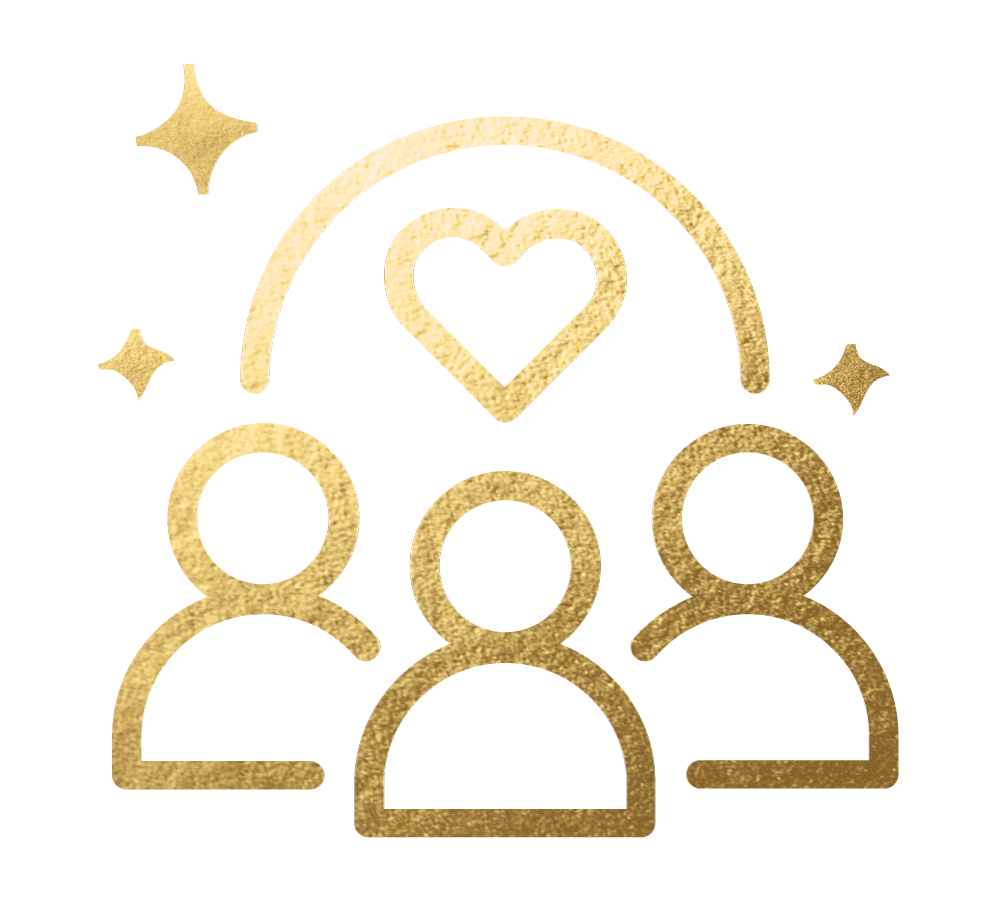 Gold icon of three people with a heart above them, connected by an arch, and three sparkling stars around, symbolizing community, love, or support.