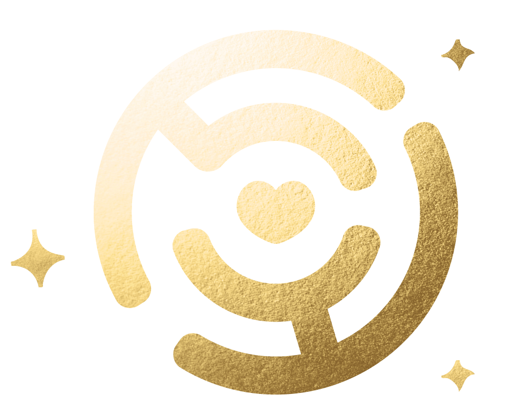 A gold circular design with a heart in the center, surrounded by curved lines and three gold sparkles on a white background.