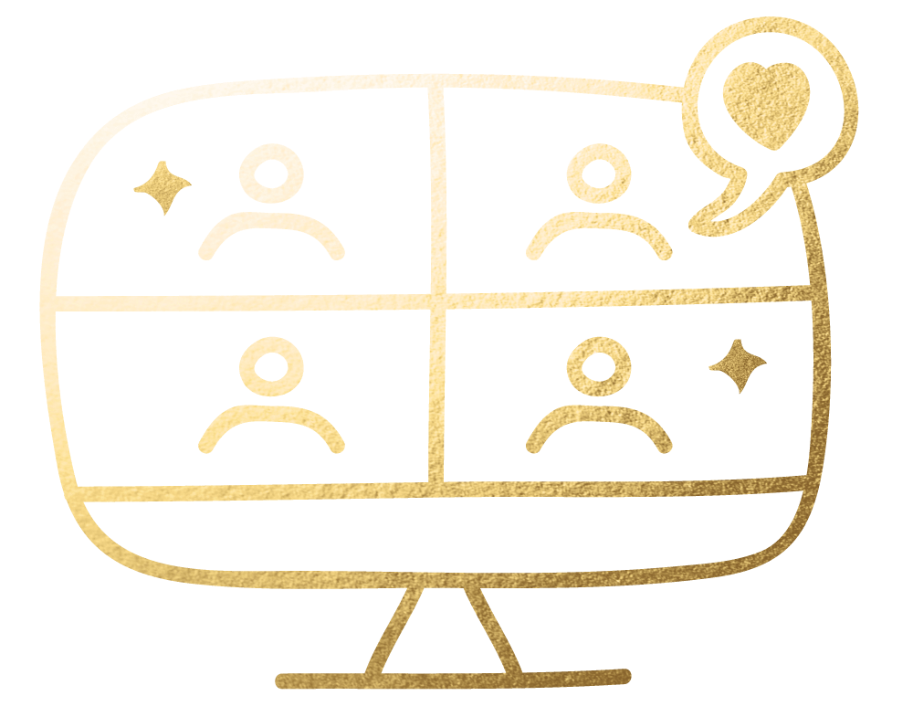 Gold illustration of a computer monitor displaying a video call with four people, each in their own square, and a speech bubble with a heart in the top right corner.