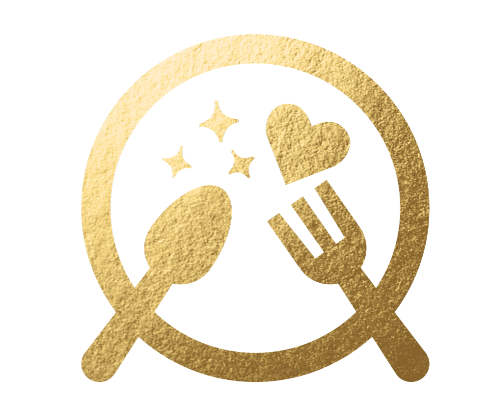Gold textured icon of a spoon and fork crossed over a plate, with a heart and three sparkles above them, on a white background.
