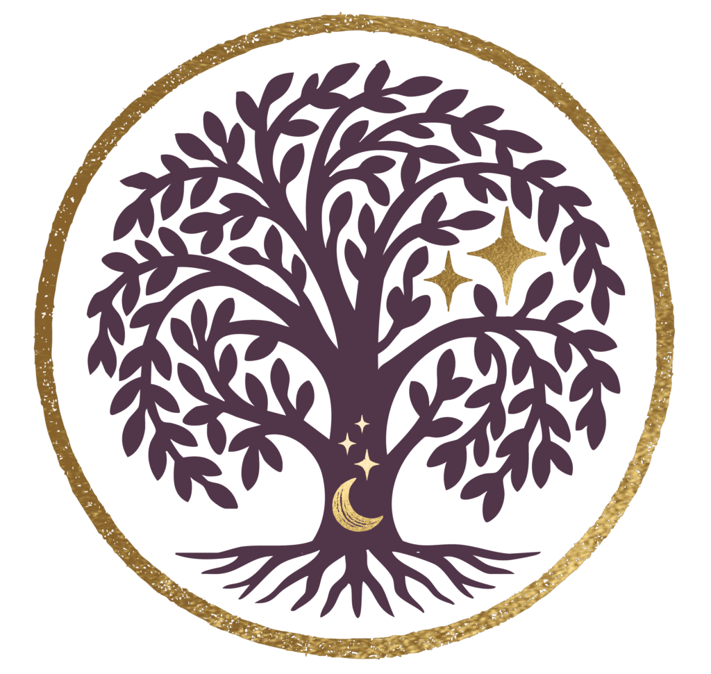 A stylized dark tree with many branches is encircled by a gold ring. Gold stars appear in the tree’s canopy, and a gold crescent moon is near the roots. The background is white.