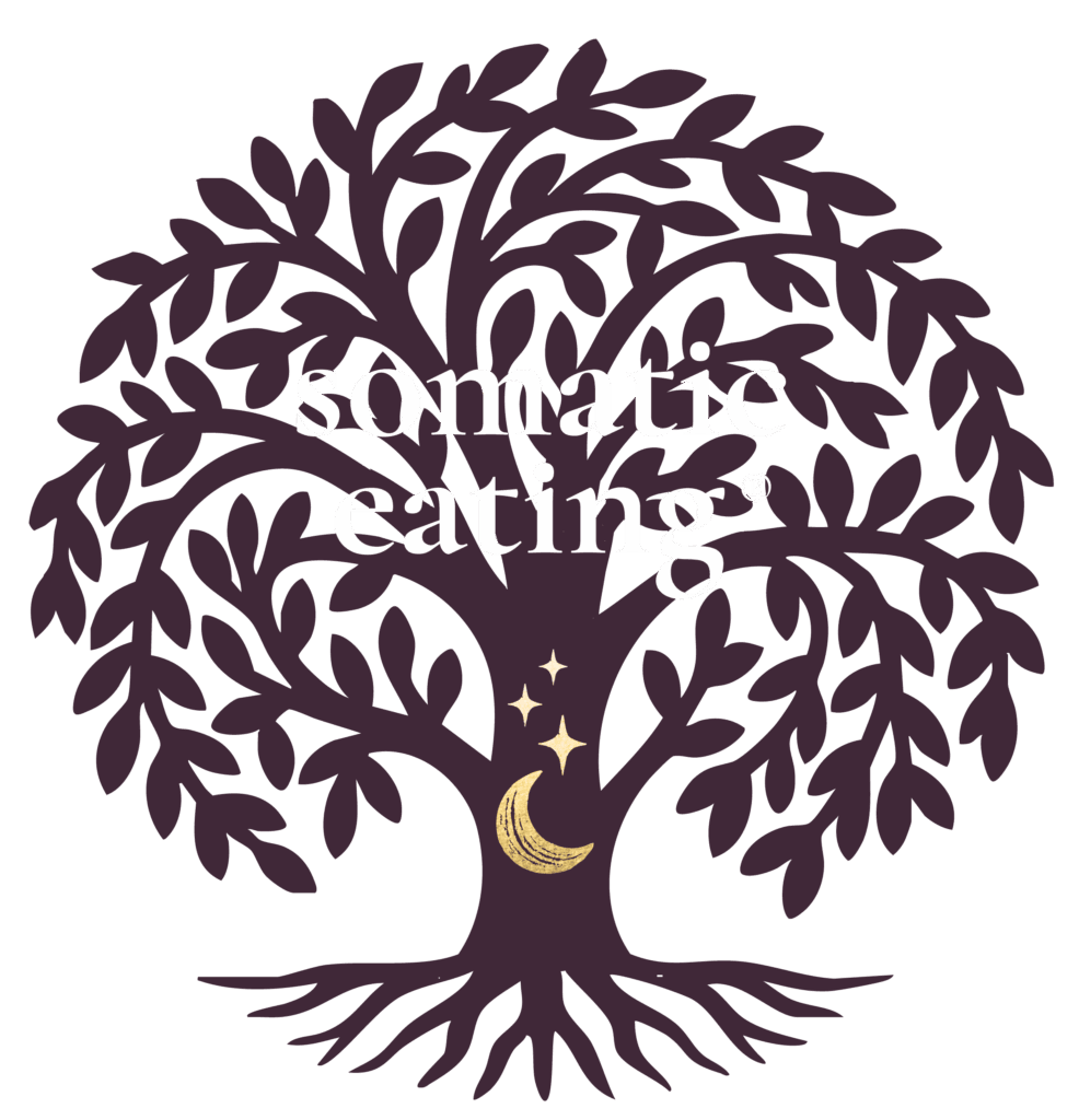 A stylized dark purple tree with many branches and leaves, a yellow crescent moon and three stars on the trunk, and the words “somatic eating” overlaid on the tree.