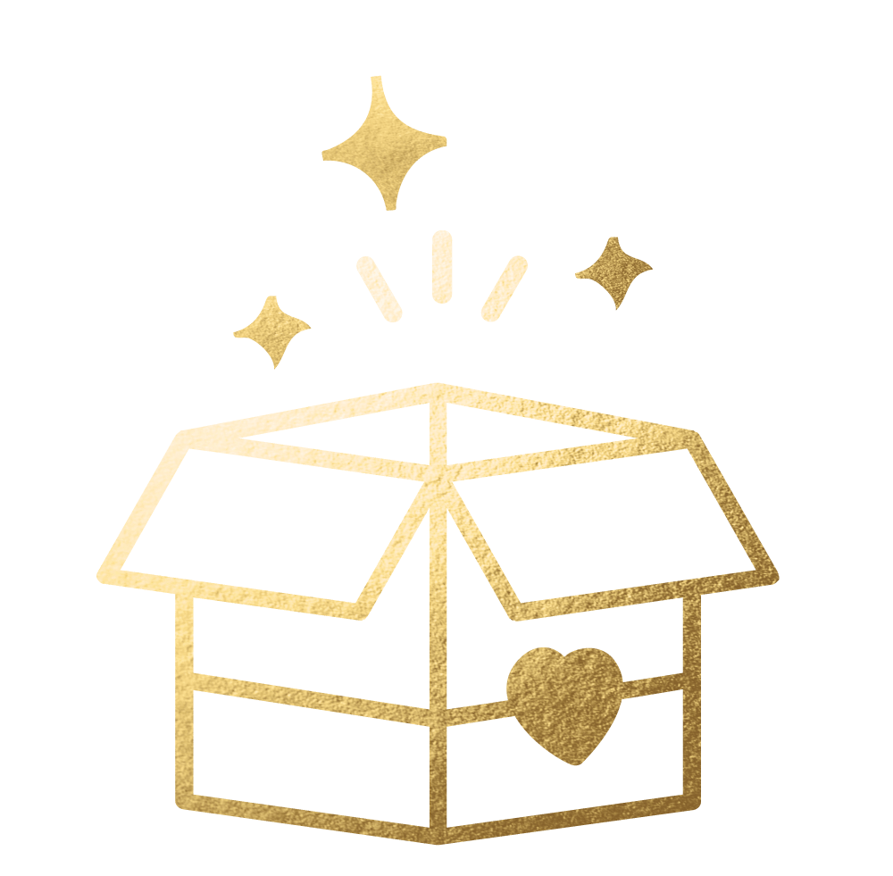 Gold illustration of an open cardboard box with a heart symbol on its side, and four sparkling stars above it, on a plain white background.