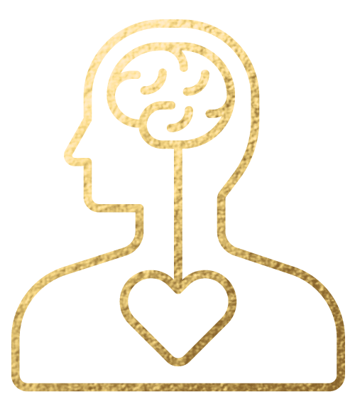 Gold outline of a human figure with a brain in the head and a heart in the chest, connected by a line, symbolizing the connection between mind and heart.