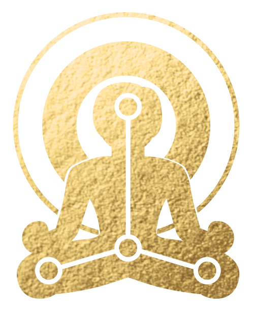 Gold silhouette of a person meditating cross-legged with geometric lines and circles connecting head, heart, and legs, set against concentric gold circles.