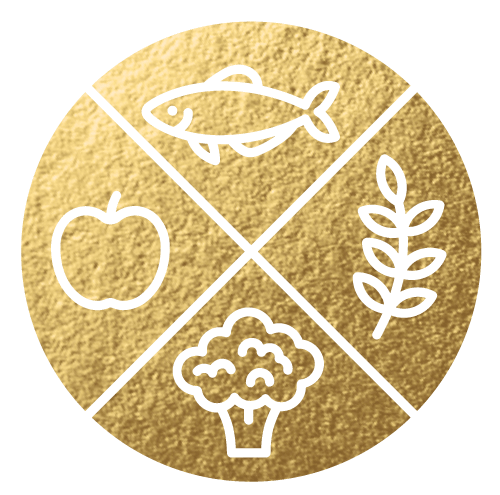 Gold circle divided into four sections, each containing a white line drawing: a fish, an apple, a grain stalk, and a broccoli floret.